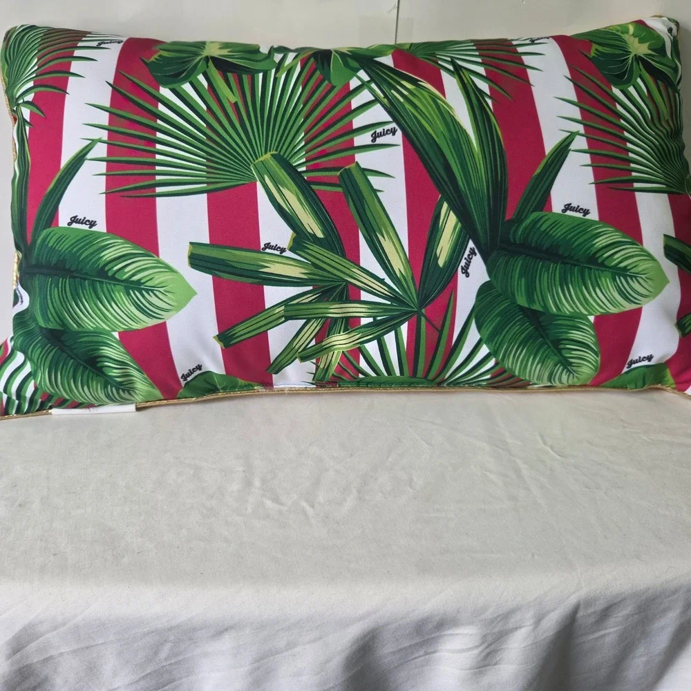 Juicy Couture Tropical Flamingo Palm Leaf Lumbar Pillow Pink Gold Stripe 14x24